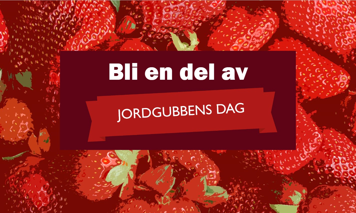 Bakgrun med illustrerade jordgubbar samt texten Bli en del av Jordgubbens dag.