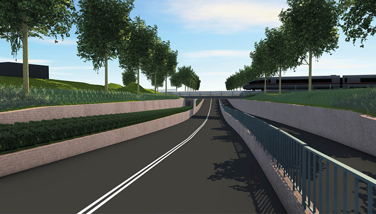 Illustration av en väg som leder under en tågbro.