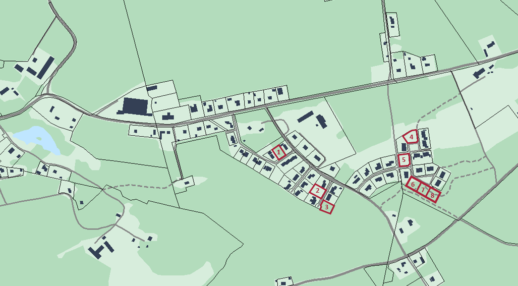 Bilden visar en kartbild över Larv med rödmarkering var lediga tomter finns.