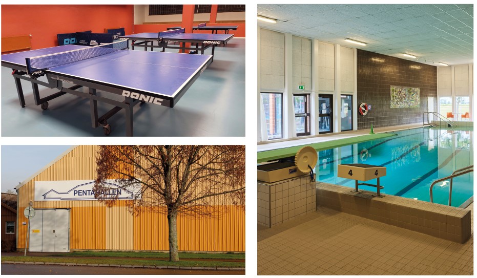 Montage av tre bilder. En bild på bordtennisbord, en på en fasad som är gul och orange och en bild på en bassäng med trampolin