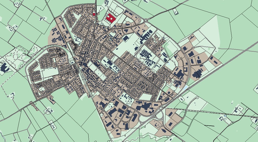 Bilden visar en kartbild över Vara tätort med rödmarkering var lediga tomter finns.
