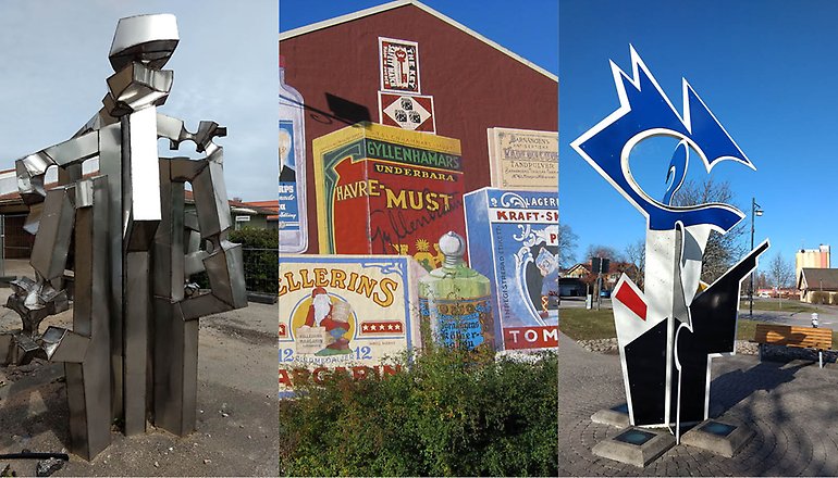 Kollage med tre bilder på konstverk i utomhusmiljö. 