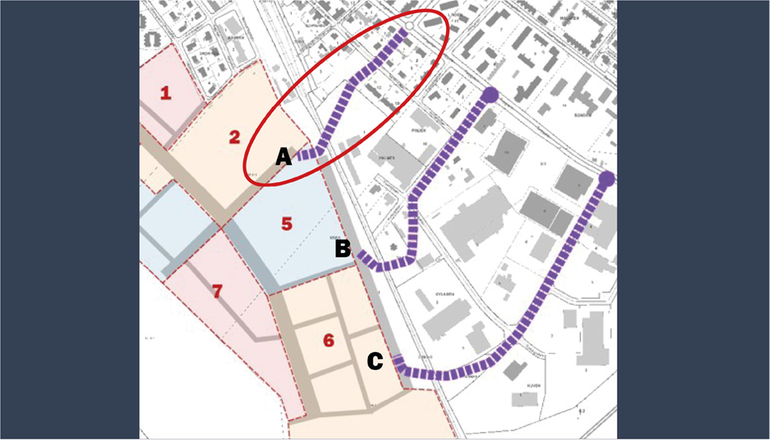 Karta över tätorten där bokstäverna ABC visar tre alternativ. A är inringat