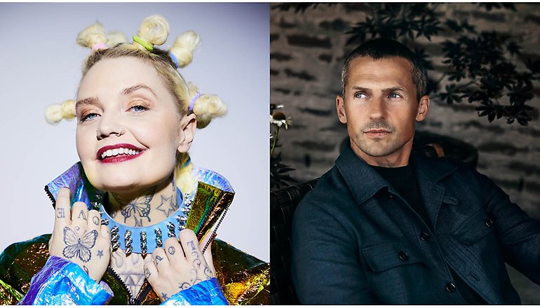 Till vänster en porträttbild på blond kvinna med tatuerade händer. Till höger porträttbild på man i mörka kläder.